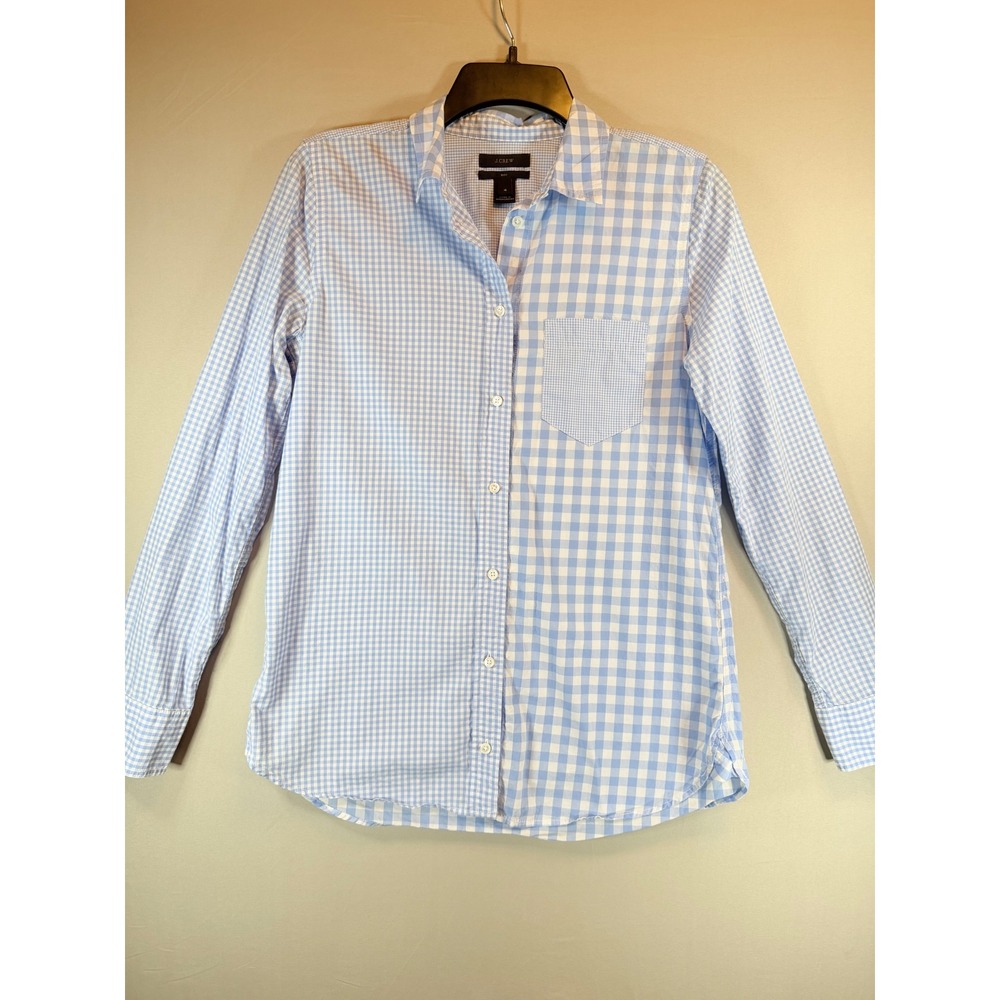 J.Crew Womens Boy Fit Mixed Gingham Button Down Shirt Blue White Size 4